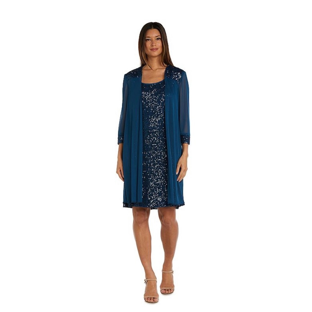 R&M Richards Size 6 Peacock Blue Two-Piece Embellished Shift Dress with Jacket